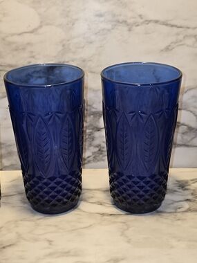 (4) Arcoroc Royal Sapphire Cobalt Blue Beverage Glasses Palm Leaf France 14oz